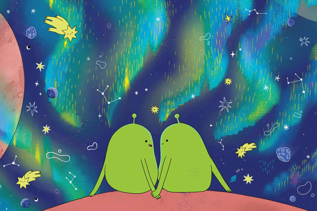 Ilustração de um casal alienígena vendo uma aurora boreal de Marte.
