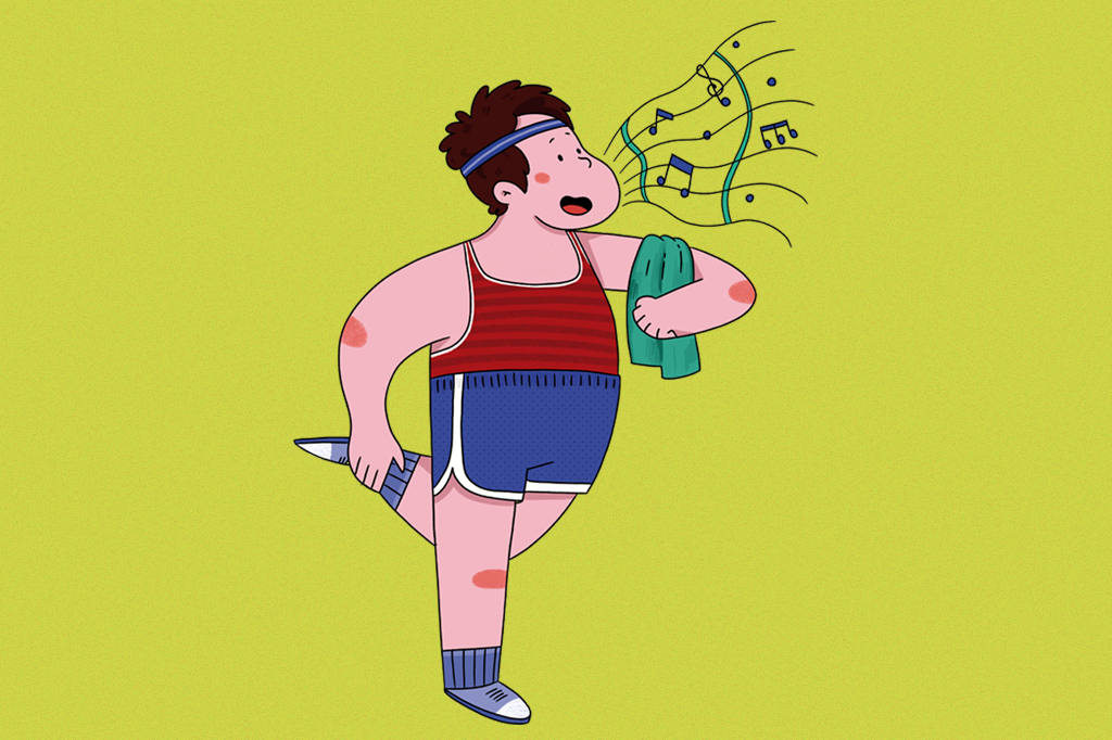 Ilustração de um homem cantando enquanto faz exercício físico.
