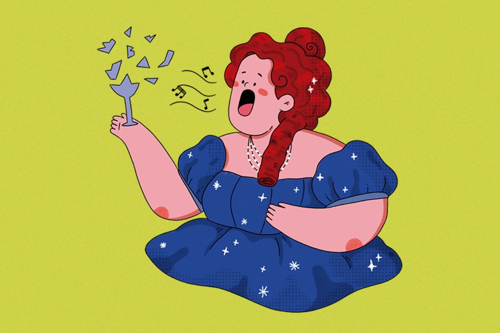 Ilustração de uma cantora de ópera quebrando uma taça.