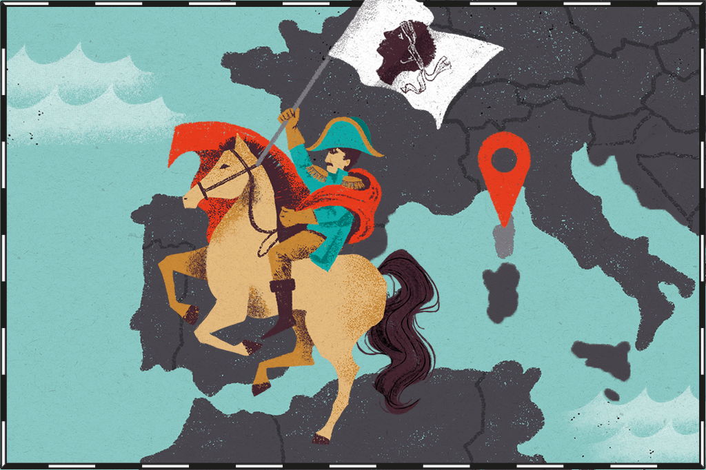 Ilustração de mapa com ilha da Córsega destacada e Napoleão ao lado.