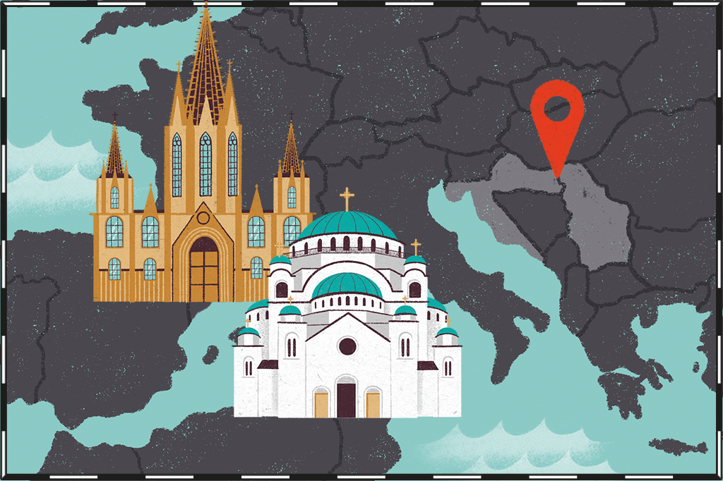 Ilustração de mapa com Sérvia e Croácia destacadas e igreja católica e ortodoxa ao lado.