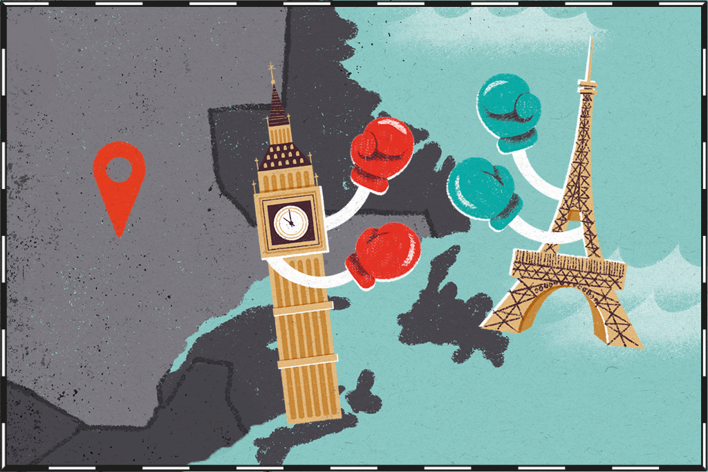 Ilustração de mapa com região de Quebec destacada e o Big Ben e a Torre Eiffel lutando boxe ao lado.