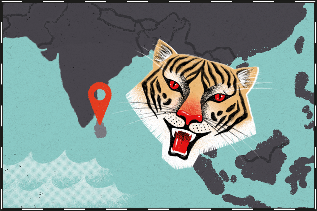 Ilustração de mapa com o Sri Lanka destacado e um tigre ao lado.