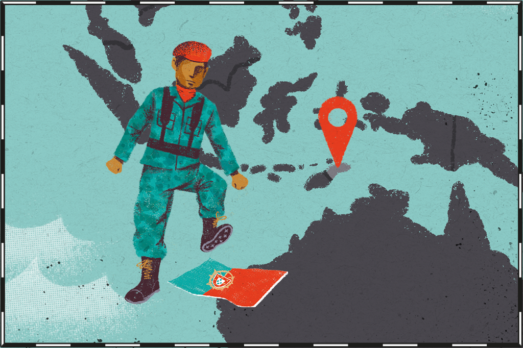 Ilustração de mapa com a região do Timor Leste destacada e um soldado pisando na bandeira de Portugal ao lado.