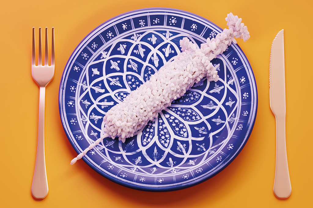 Ilustração 3D de prato com arroz em formato de seringa.