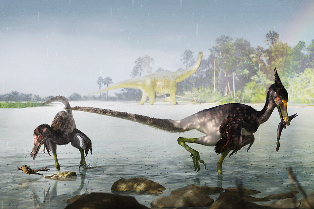 Ilustração de dois dinossauros Ypupiara lopai.
