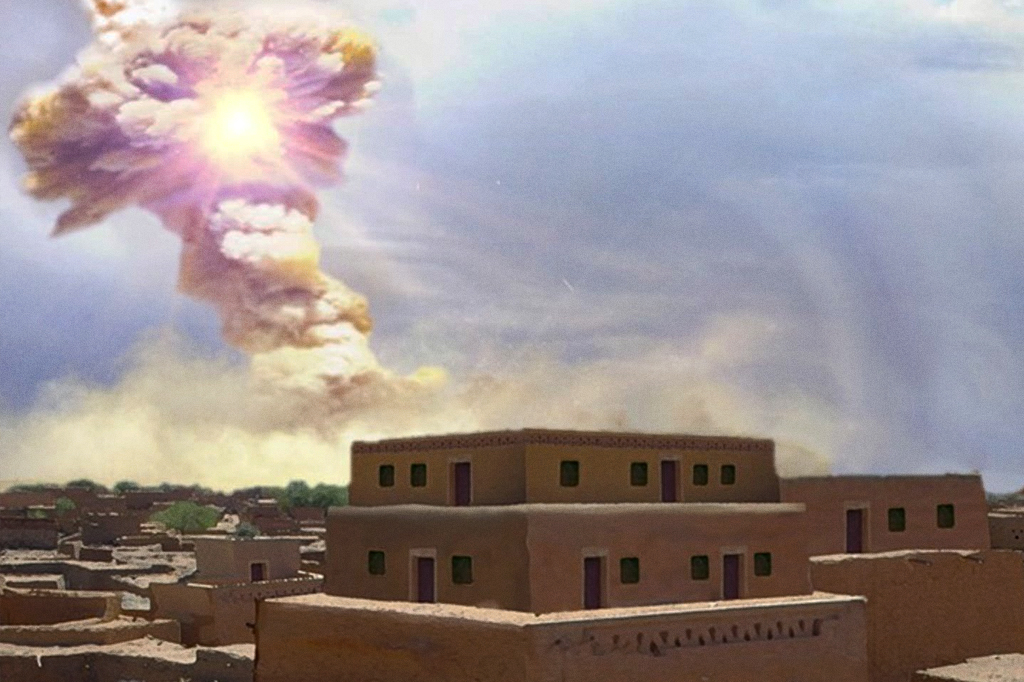 Concepção artística do asteroide caindo em cidade do Oriente Médio.