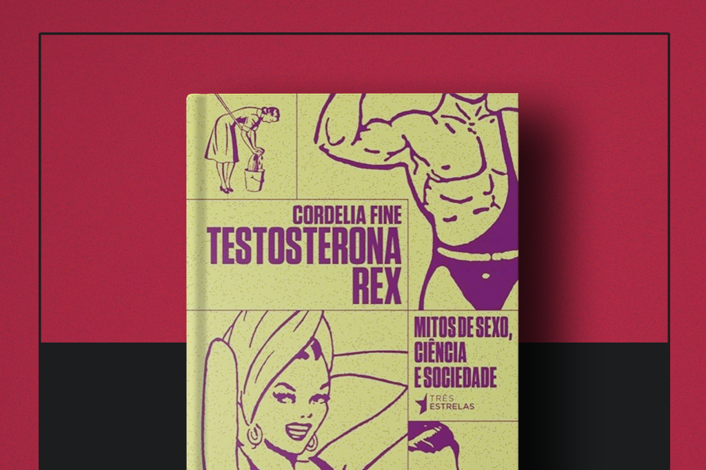 Capa do livro "Testosterona Rex" no centro da imagem.