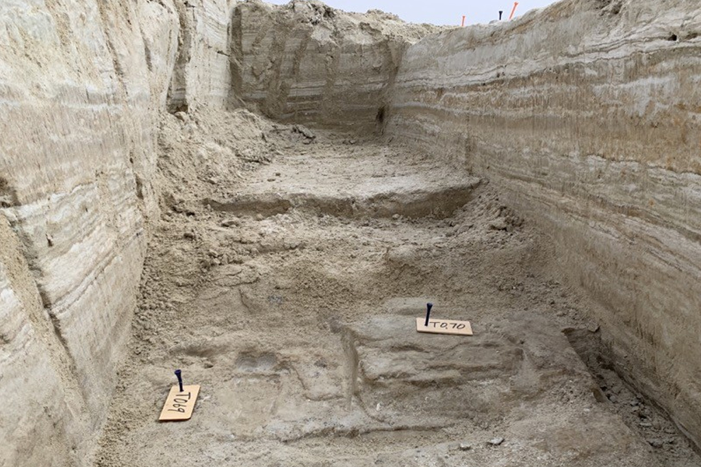Local da escavação com pegadas humanas fossilizadas.