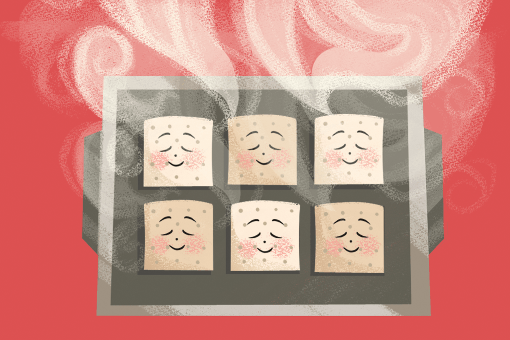 Ilustração de bolachinhas quadradas em uma assadeira, com os rostinhos aliviados.