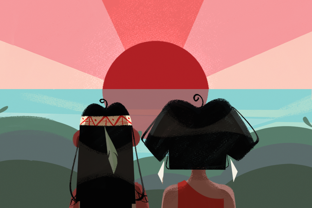 Ilustração de 2 indígenas olhando o sol nascer.
