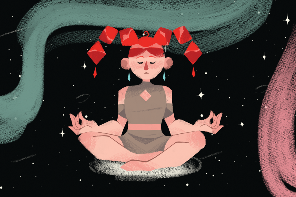 Ilustração de uma mulher meditando em um vácuo.
