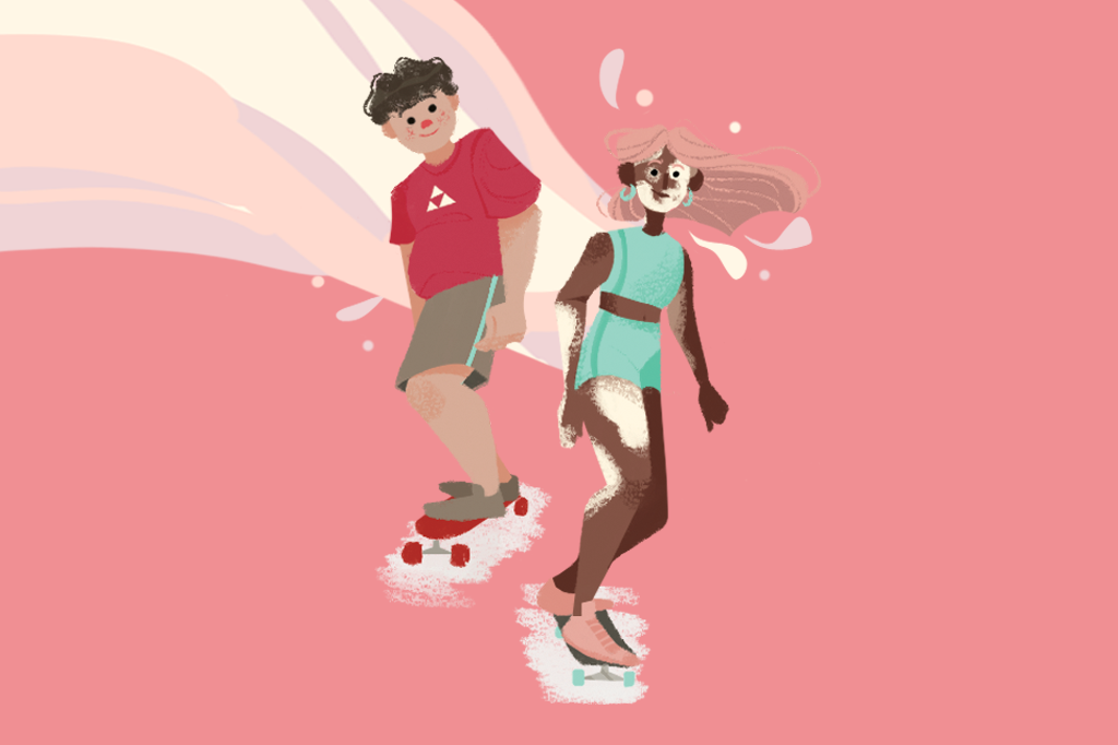 Ilustração de duas pessoas andando de skate. Uma delas com o pé direito na frente e a outra com o pé esquerdo.