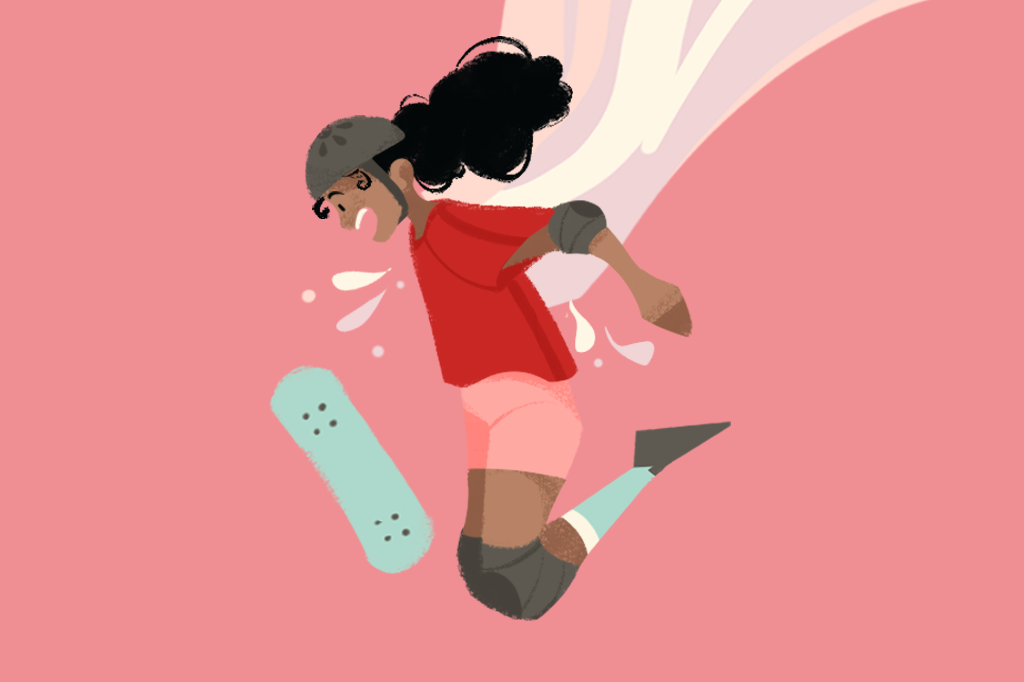 Ilustração de uma menina utilizando equipamentos de proteção e caindo do skate.