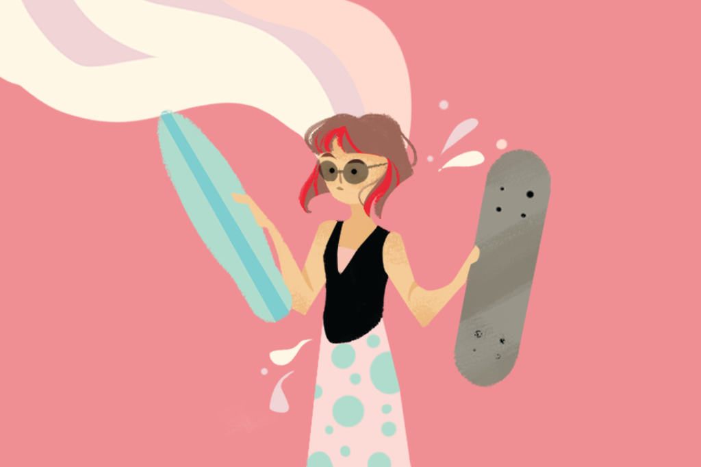 Ilustração de uma menina em dúvida entre dois skates.