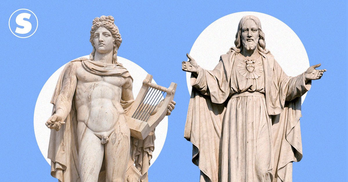 Montagem da escultura do deus Apolo ao lado da escultura de Jesus.