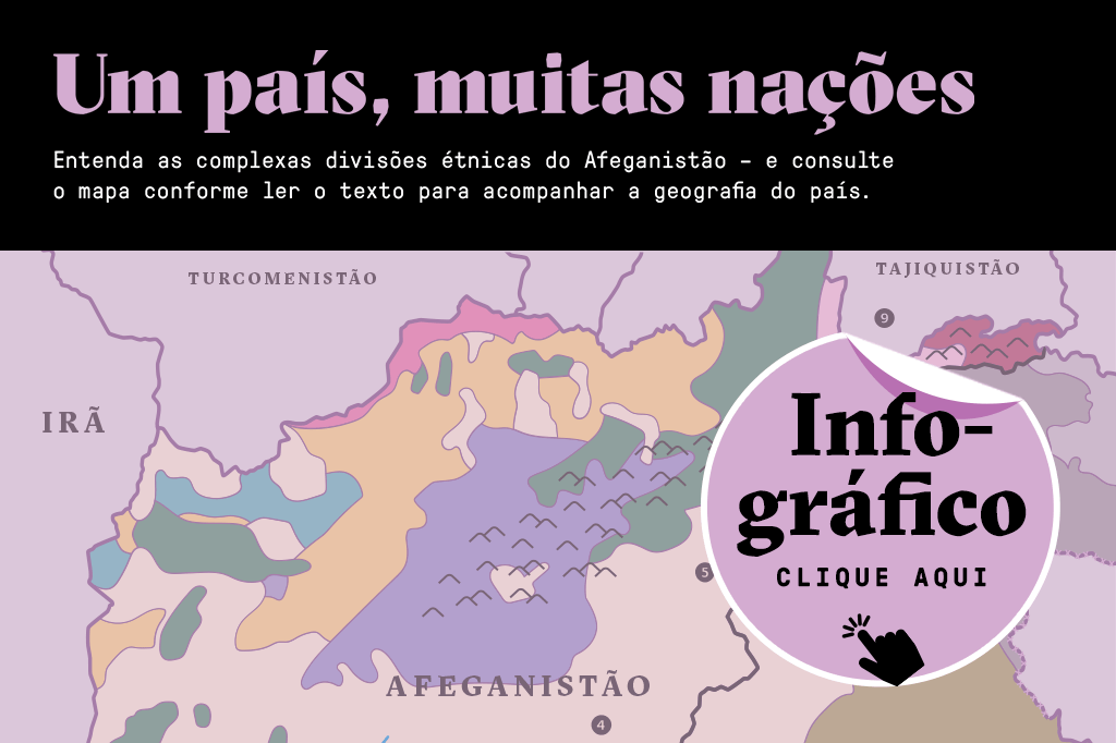Imagem de chamada para infográfico do mapa da região do Afeganistão com os principais pontos políticos, geológicos e divisão dos grupos etnolinguísticos.