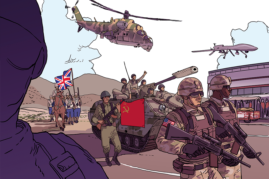 Ilustração representando o exército britânico do século 19, soviético e americano chegando em cidade afegã.