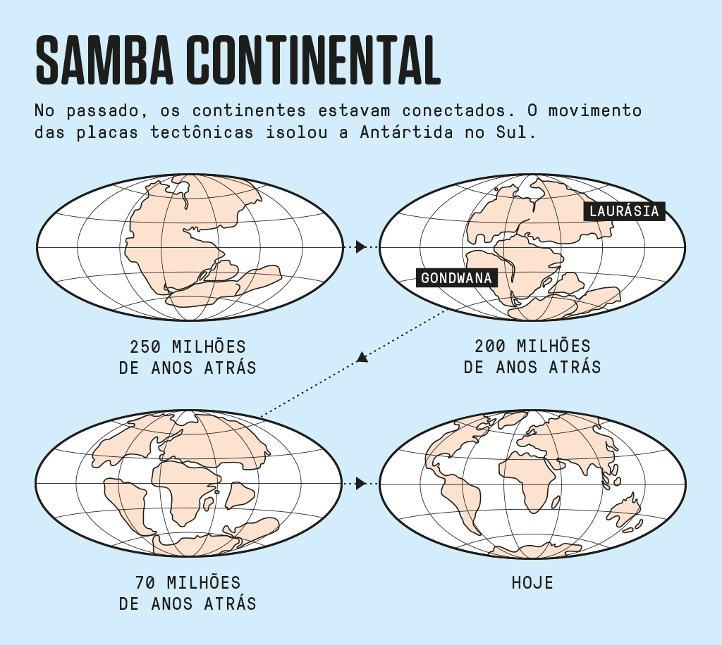 Esquema de ilustrações demonstrando a separação dos continentes ao longo do tempo.