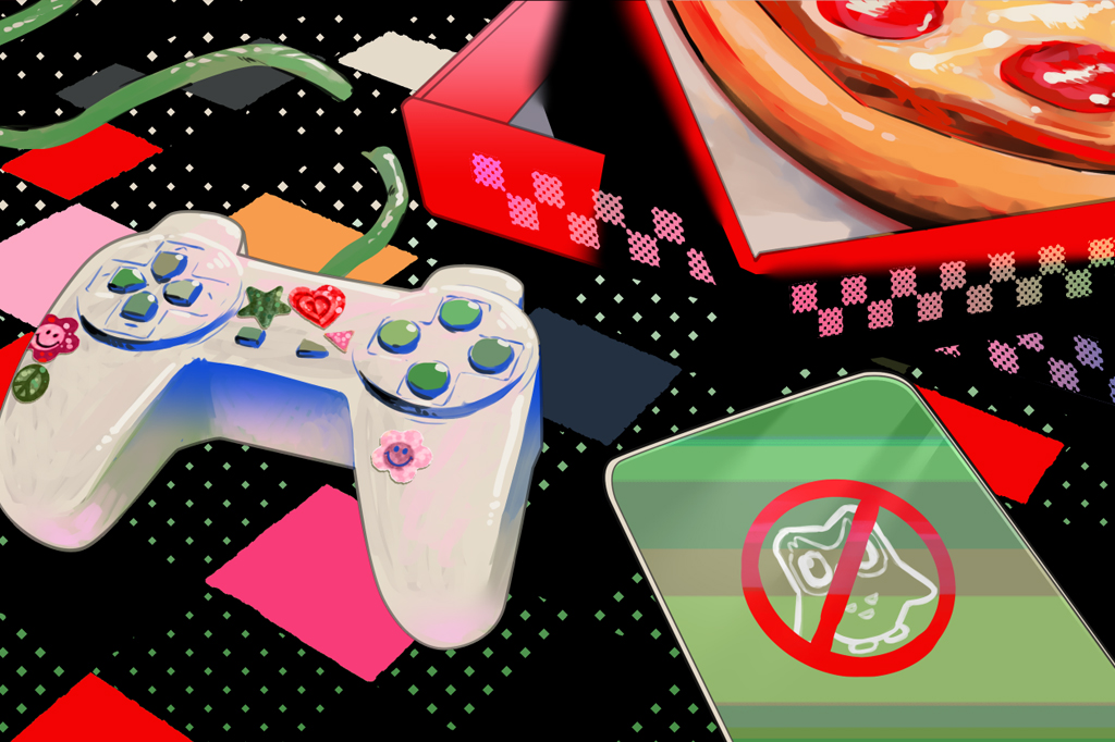 Ilustração de controle de video game com cabo cortado, caixas de pizza e celular com aplicativo de idiomas proibido.