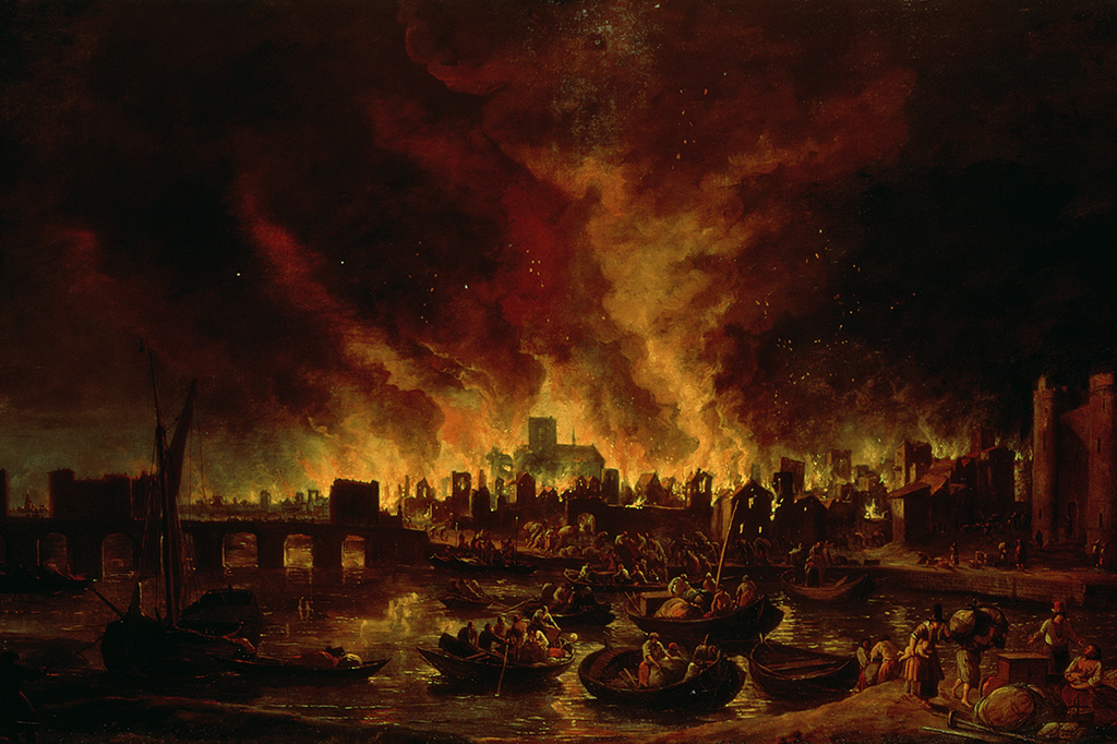 Pintura retratando o grande incêndio de Londres
