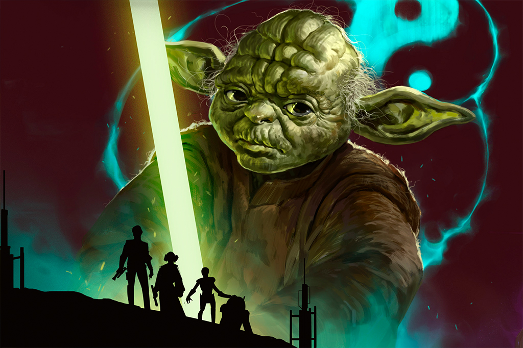Ilustração do Mestre Yoda com silhueta de outros personagens de Star Wars.