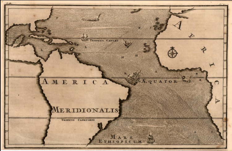 Trecho de mapa-múndi rudimentar do século 16, mostrando de forma aproximada as costas da América e da África.