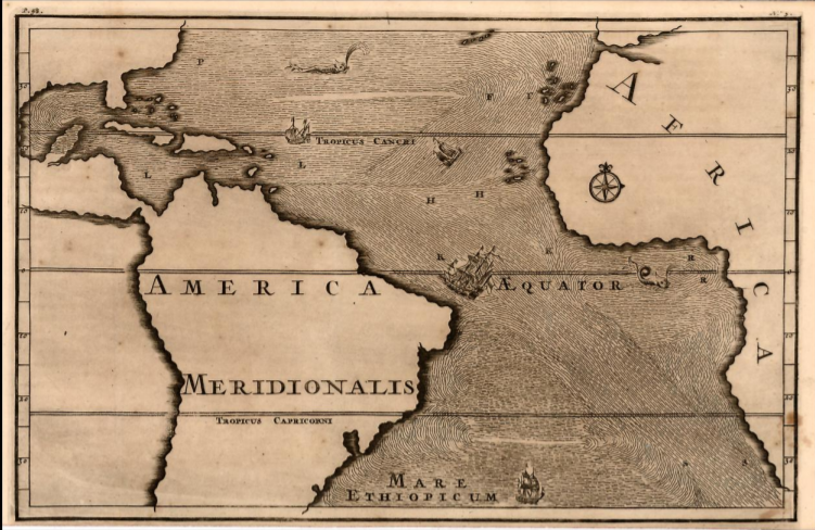 Trecho de mapa-múndi rudimentar do século 16, mostrando de forma aproximada as costas da América e da África.