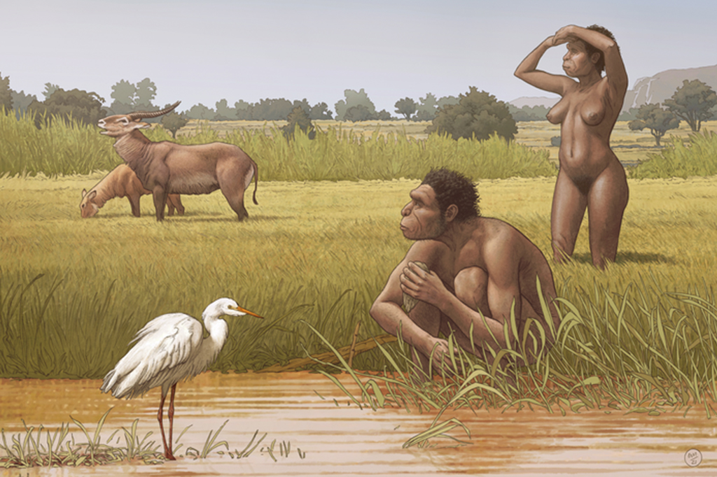 Ilustração de dois Homo bodoensis em meio à natureza