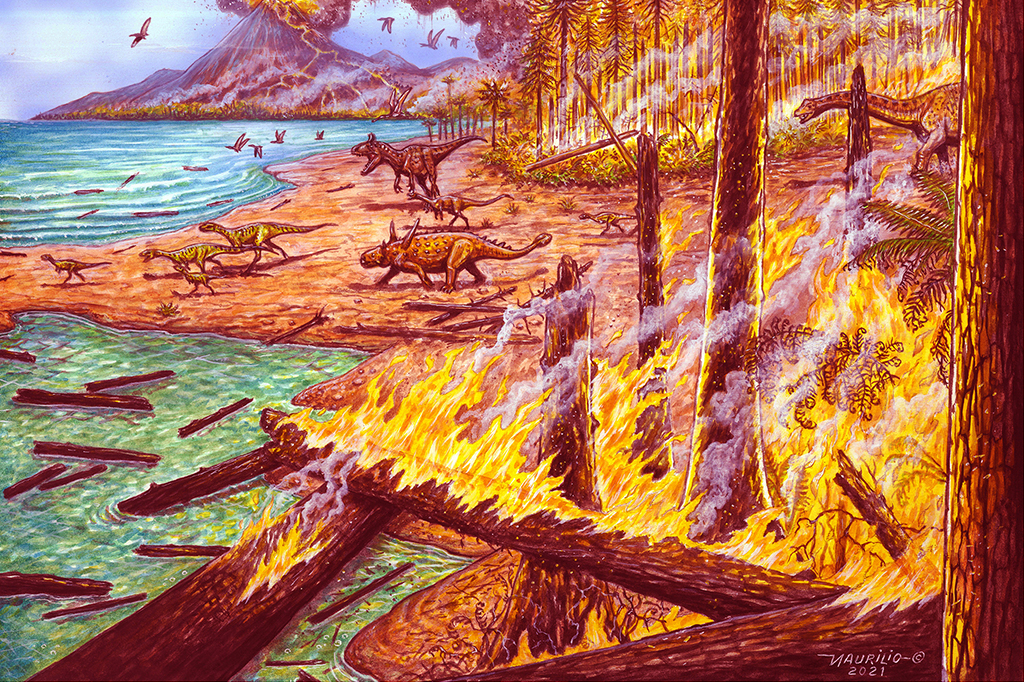 Ilustração de incêndio florestal na Antártica com dinossauros tentando escapar.