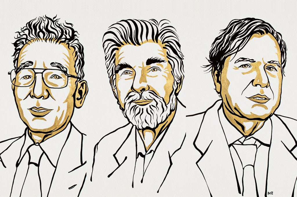 Caricaturas de Syukuro Manabe, Klaus Hasselmann e Giorgio Parisi.