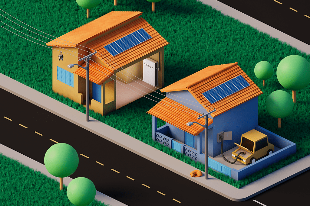 Ilustração 3D de duas casas que utilizam energia de baterias: a primeira, da esquerda, utiliza a Tesla Powerwall e a segunda utiliza um carro elétrico como bateria.