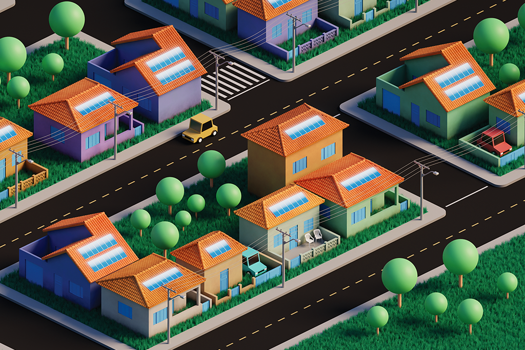 Ilustração 3D de várias casas com placas solares instaladas.