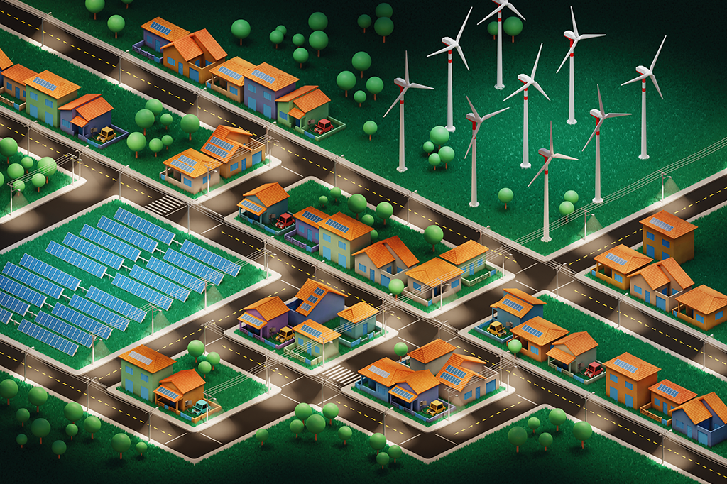 Ilustração 3D de uma cidade toda acesa e que utiliza várias fontes de energia ao mesmo tempo: energia eólica, solar, autogeração e baterias.