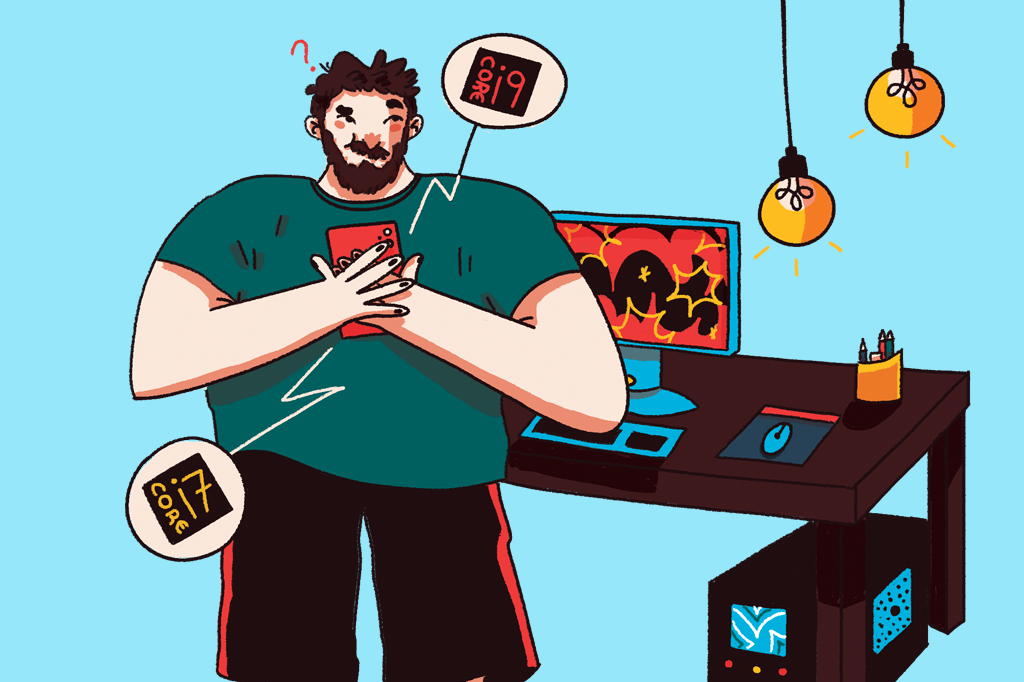 Ilustração de um homem indeciso entre dois processadores diferentes para o computador.