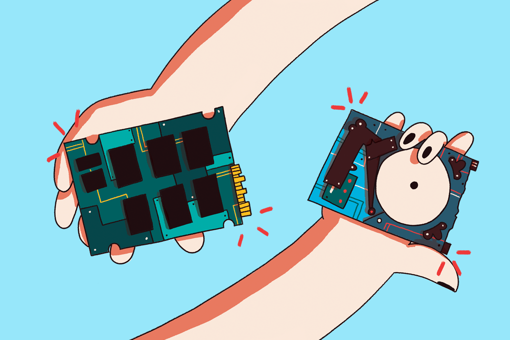 Ilustração de um HD e de um SSD.