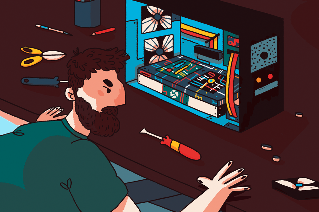 Ilustração de um homem montando as peças na CPU do computador.