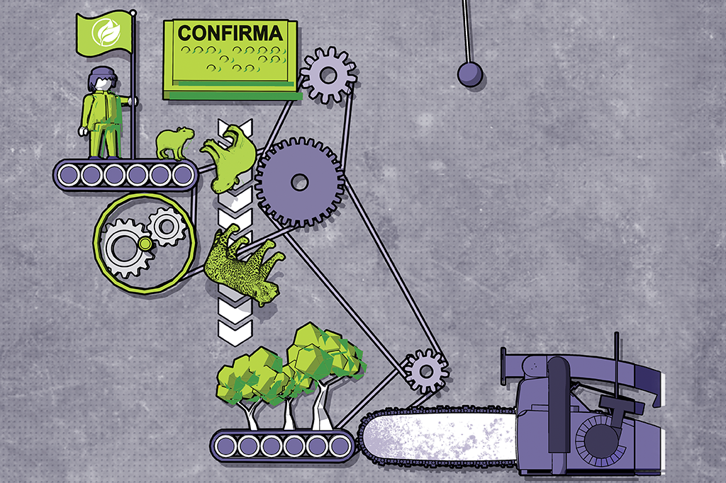 Ilustração de máquina de Goldberg com animais e floresta sendo destruídos por motoserra.