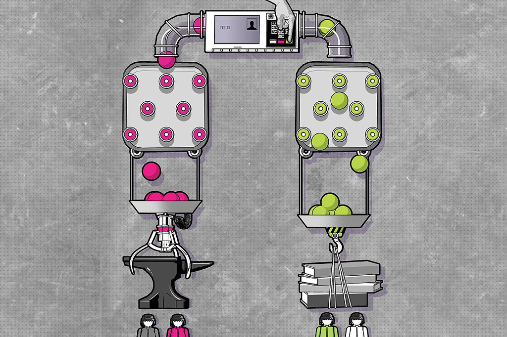 Ilustração de máquina de Goldberg com bolinhas caindo após votar numa urna eletrônica, um lado solta uma bigorda em cima de bonecos, e o outro lado dá livros.