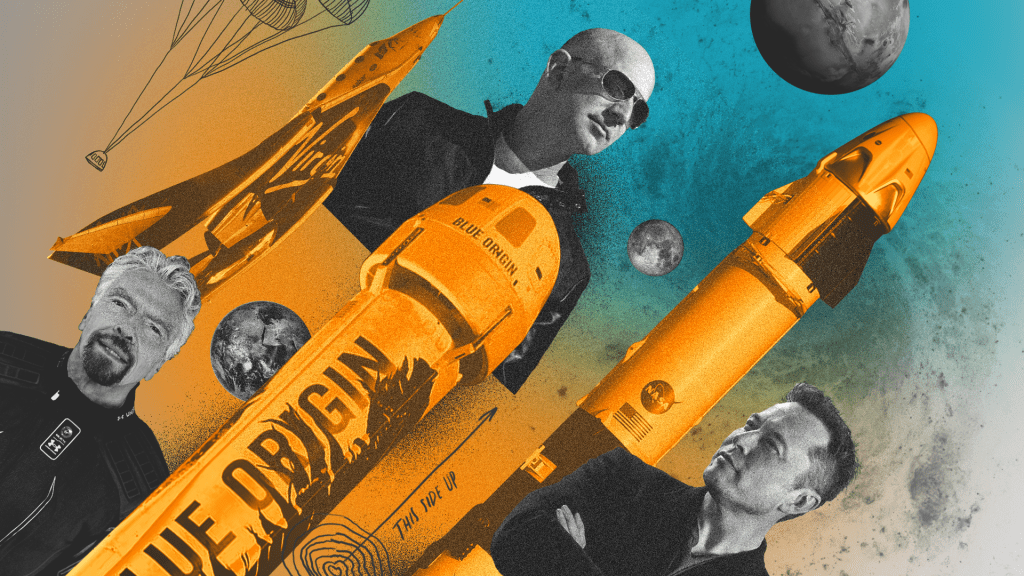 Colagem mostrando os foguetes das empresas SpaceX, Blue Origin e Virgin Galactic, e seus respectivos donos: Elon Musk, Jeff Bezos e Richard Branson.