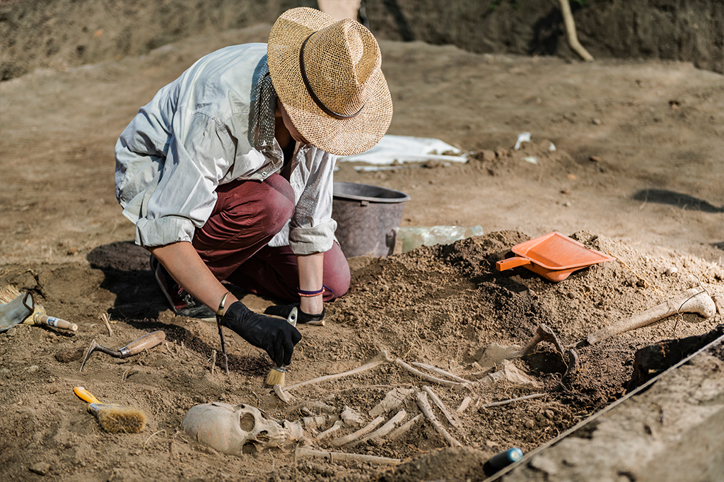 Arqueóloga em escavação de ossos humanos.