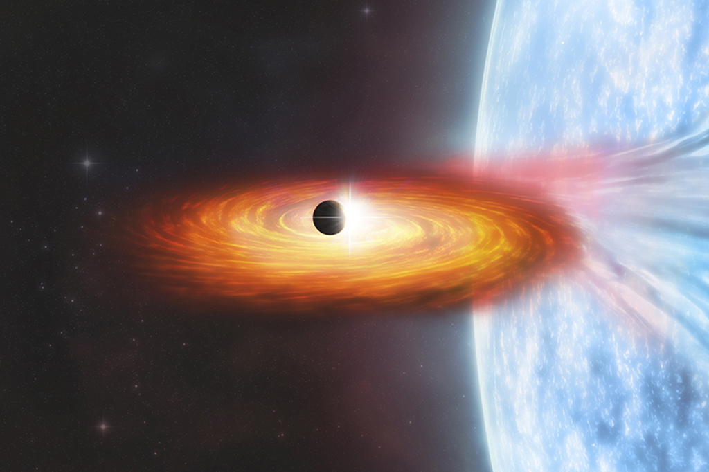 Ilustração de uma estrela de nêutrons ao redor de um buraco negro no Whirlpool Galaxy M51 que pode hospedar um exoplaneta.