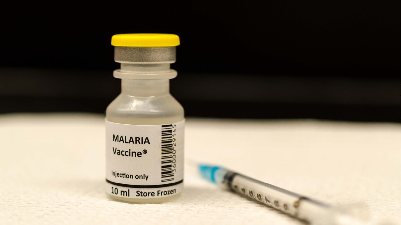 fotografia de um frasco contendo a vacina da malária com uma seringa ao lado