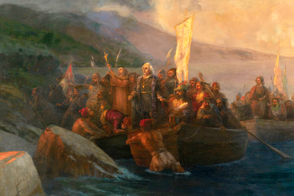 Pintura do desembarque de Cristóvão Colombo na América.