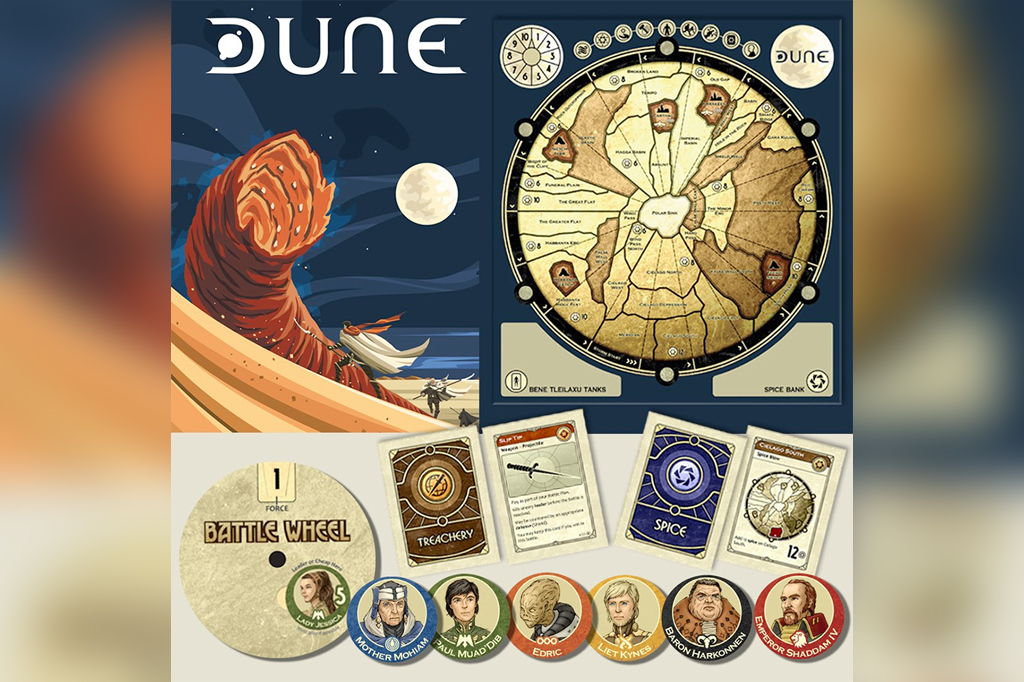 Peças e tabuleiro do board game Gale Force Nine Dune.