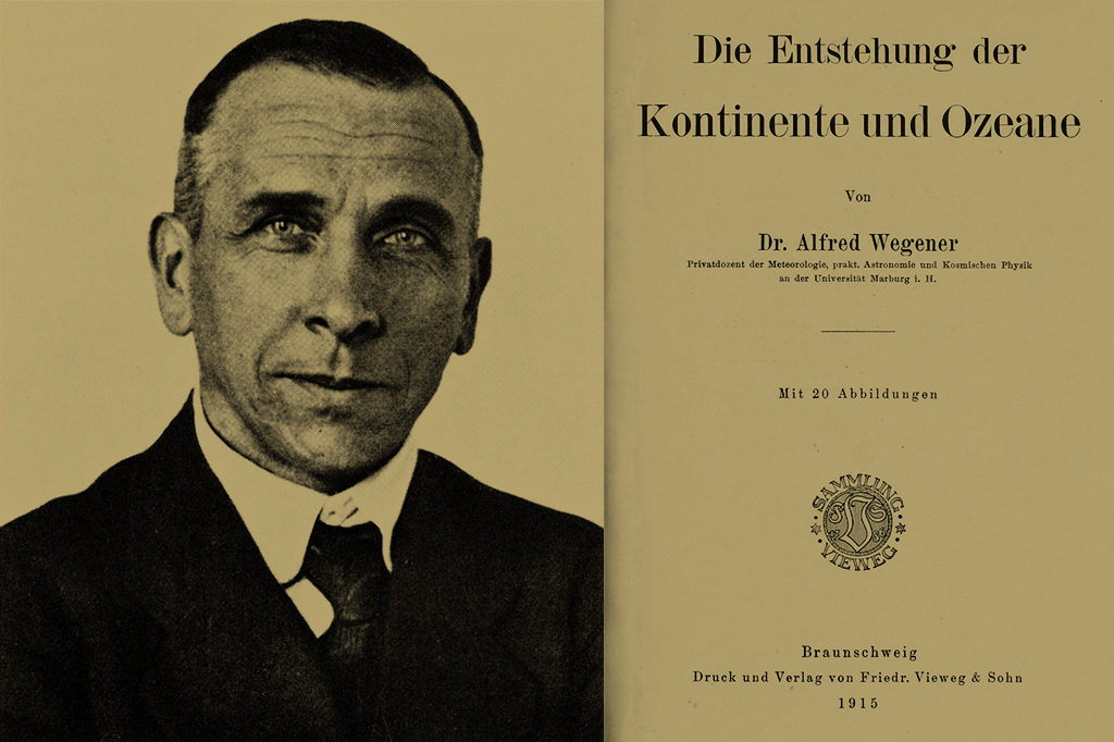 Montagem do retrato de Alfred Wegener e seu livro.