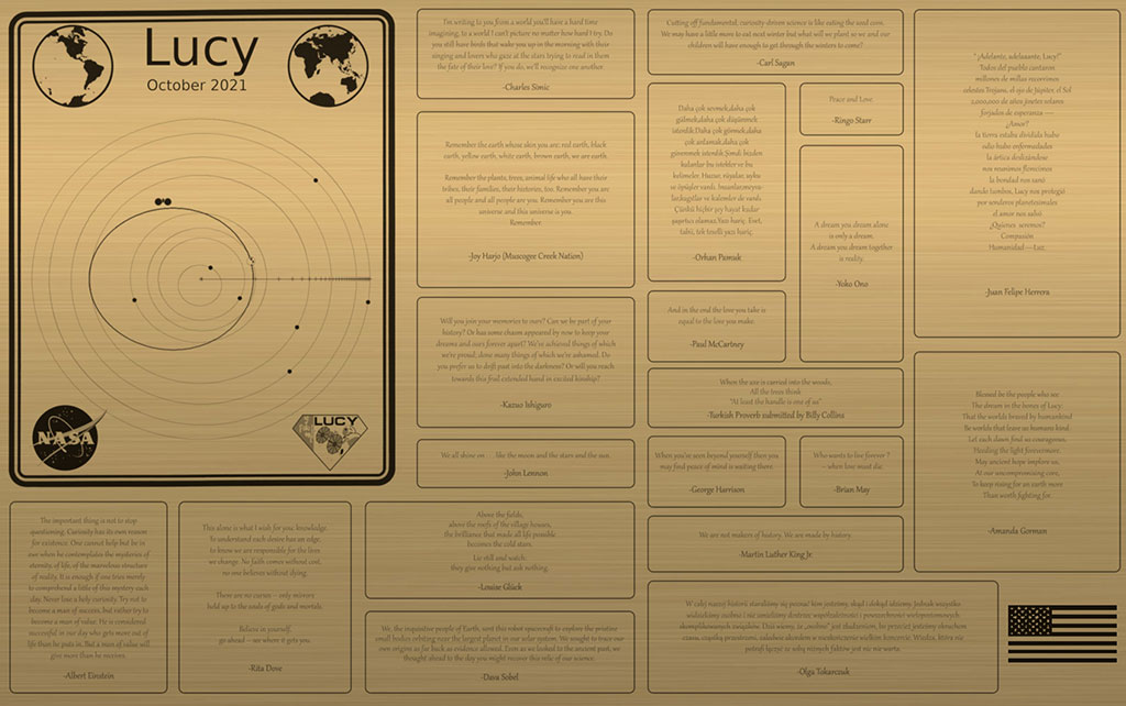 Placa na sonda Lucy com 20 mensagens de várias pessoas, incluindo John Lennon, Martin Luther King Jr., The Beatles, e mais.