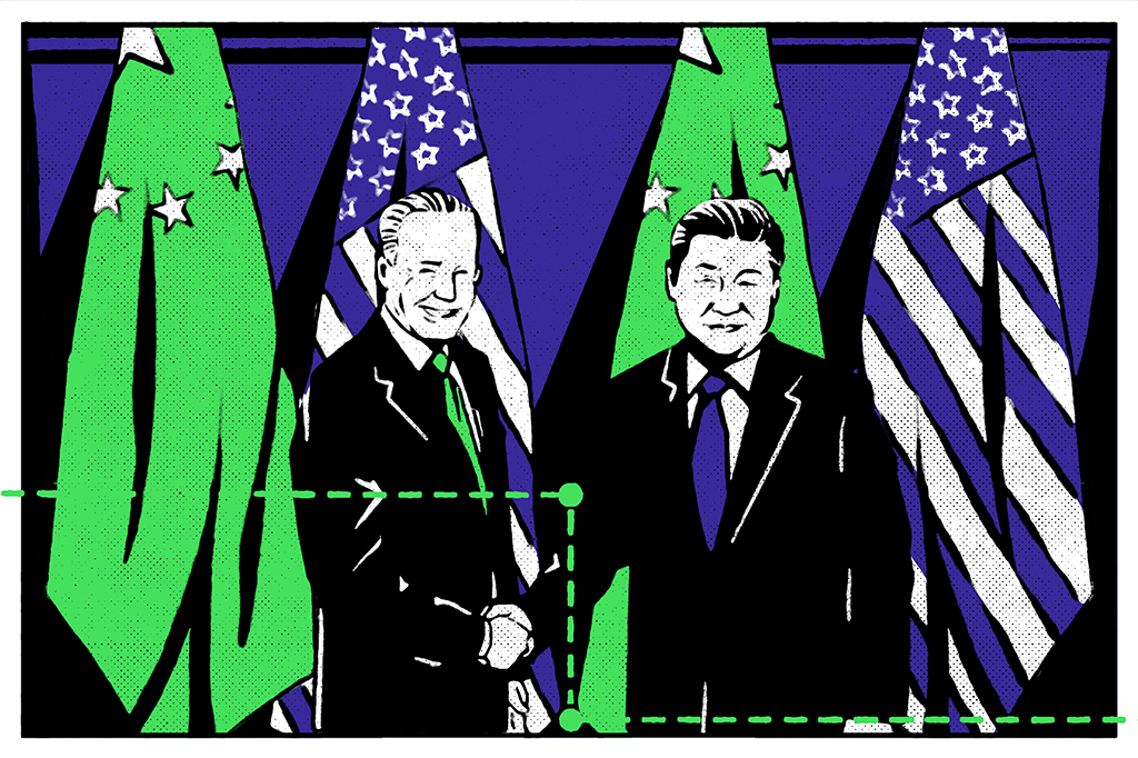 Ilustração de Joe Biden e Xi Jinping.