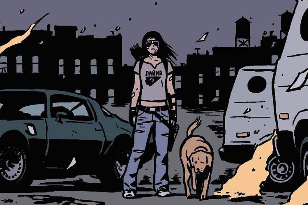 Ilustração da HQ com Kate Bishop e seu cachorro andando pelas ruas.