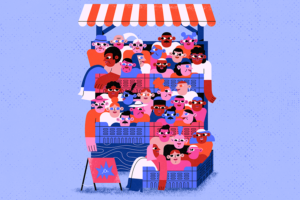 Ilustração de pessoinhas dentro de caixotes de feira.